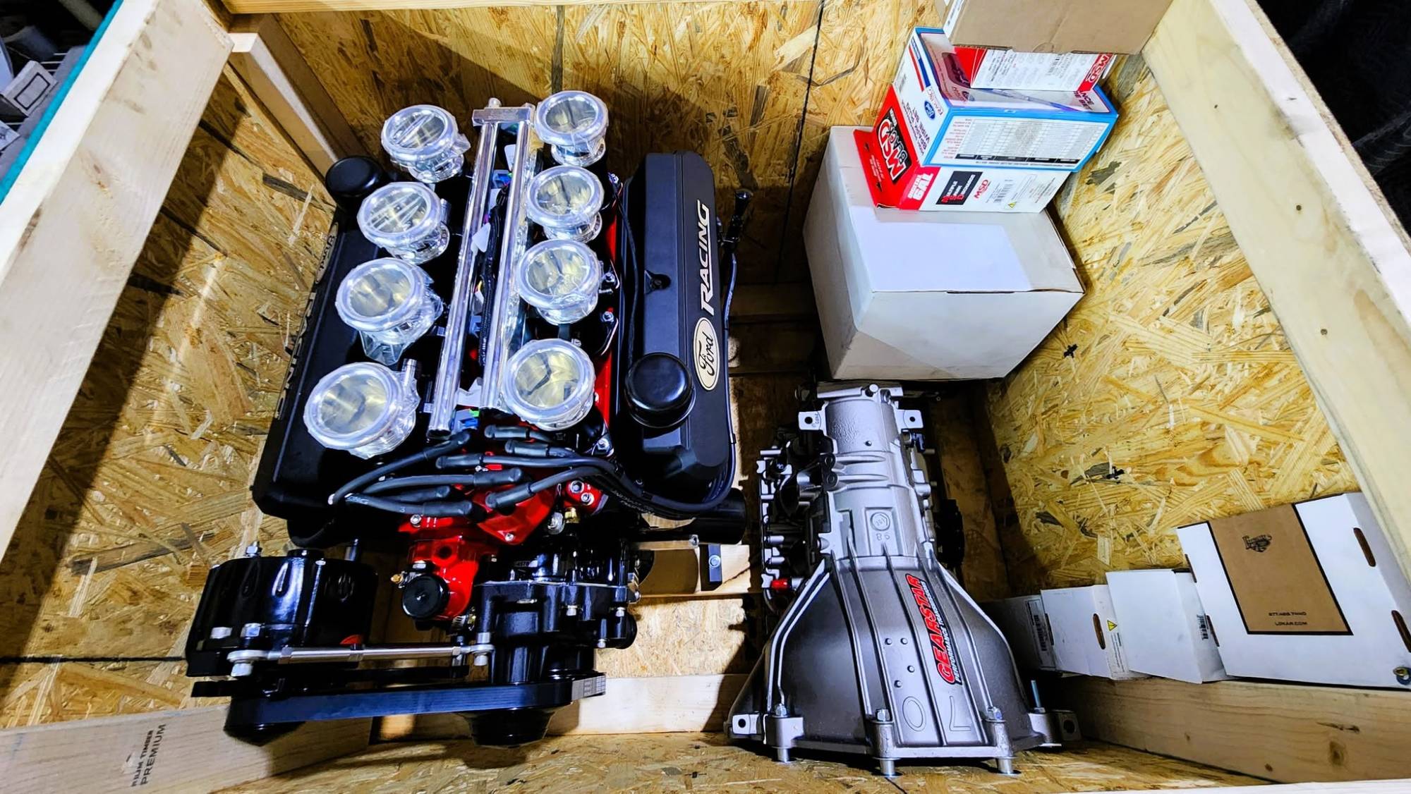 Ford Racing engine crated with a Gearstar transmission and supporting components